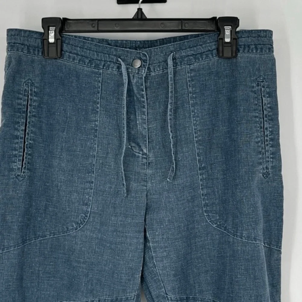 H&M L.O.G.G. Linen Jogger Pants Womens 10 Blue Drawstring Coastal Casual